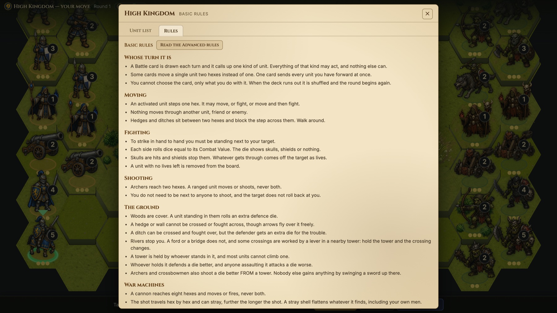 The Army Book open on its Rules tab, mid-battle